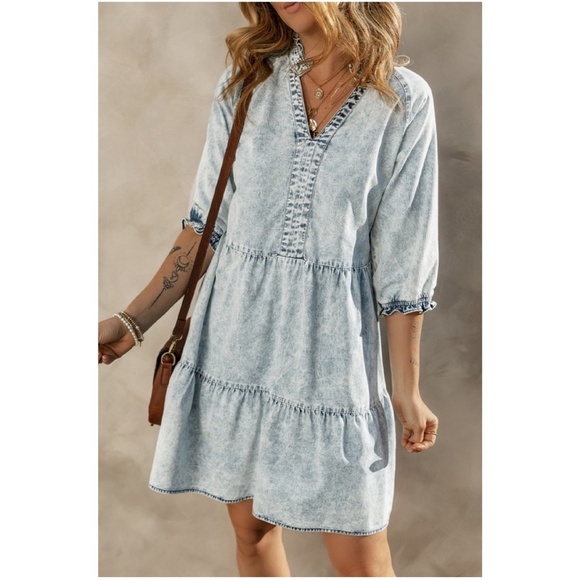 032 Mineral Wash Cotton Notch Neck 3/4 Ruffle Sleeve Chambray Dress - Picture 3 of 3